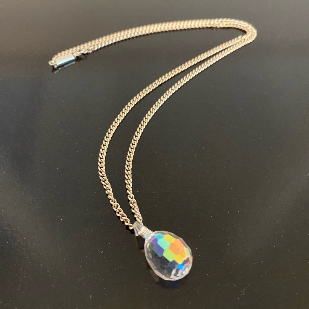 Vintage German aurora borealis crystal pendant and 18” silver-toned necklace